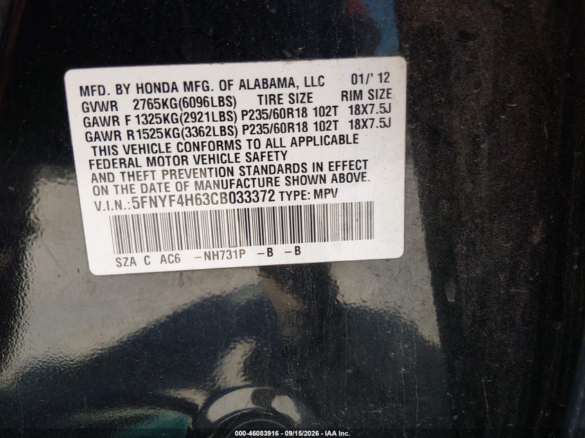 HONDA PILOT 2012 VIN 5FNYF4H63CB033372