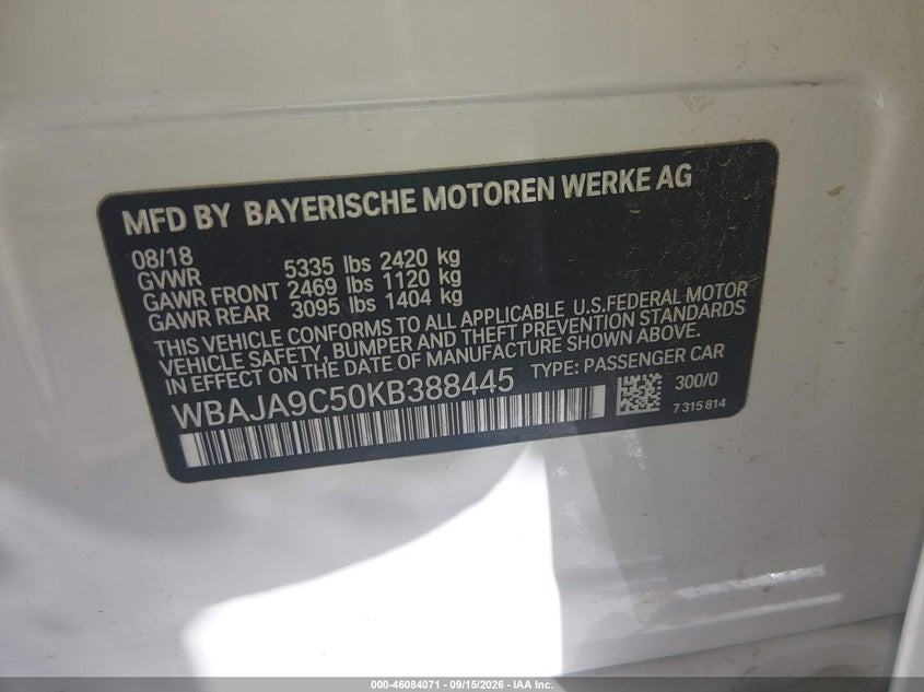 BMW 530E 2019 VIN WBAJA9C50KB388445