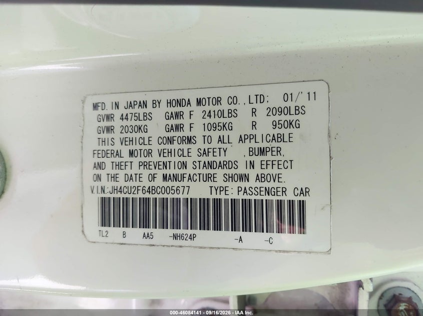 ACURA TSX 2011 VIN JH4CU2F64BC005677