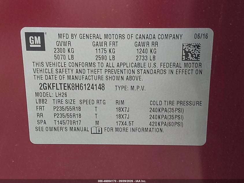 2017 GMC TERRAIN SPORT UTILITY VEHICLE 2.4L I-4 DI, DOHC, VVT, 182HP