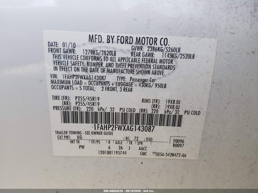 FORD TAURUS 2010 VIN 1FAHP2FWXAG143087