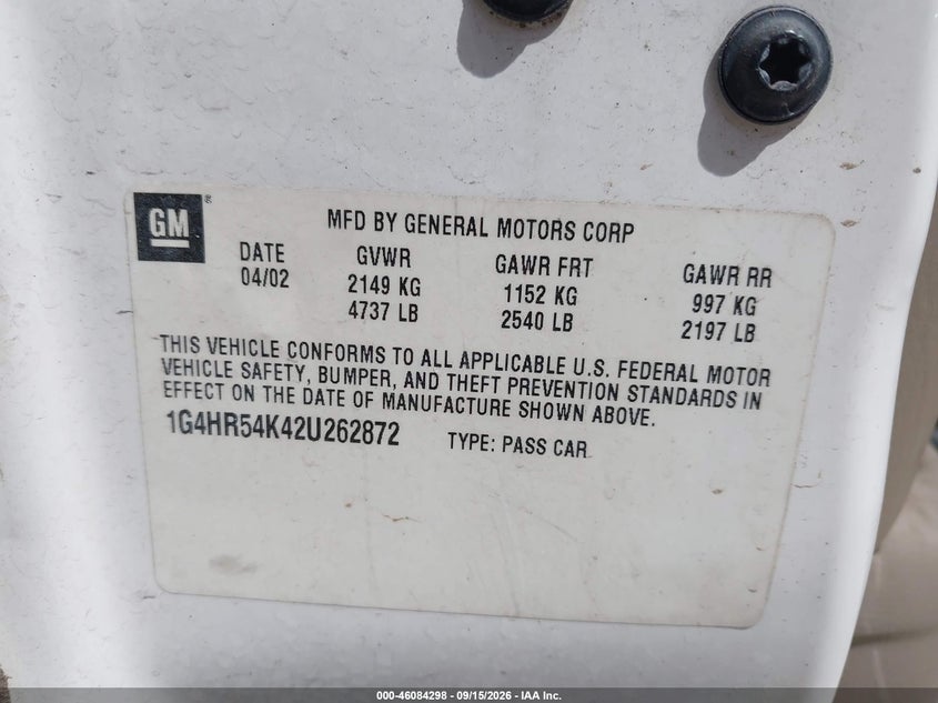 BUICK LESABRE 2002 VIN 1G4HR54K42U262872