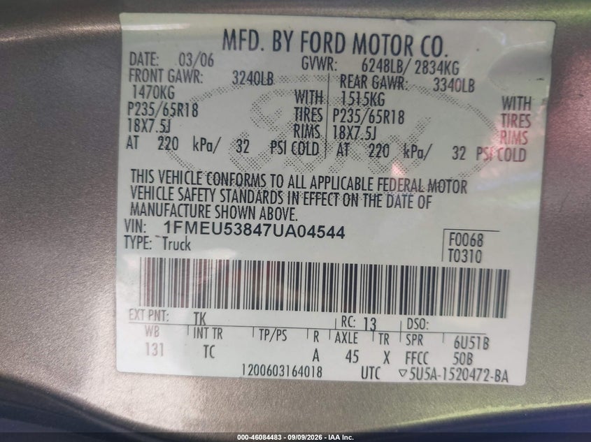 FORD EXPLORER SPORT TRAC 2007 VIN 1FMEU53847UA04544