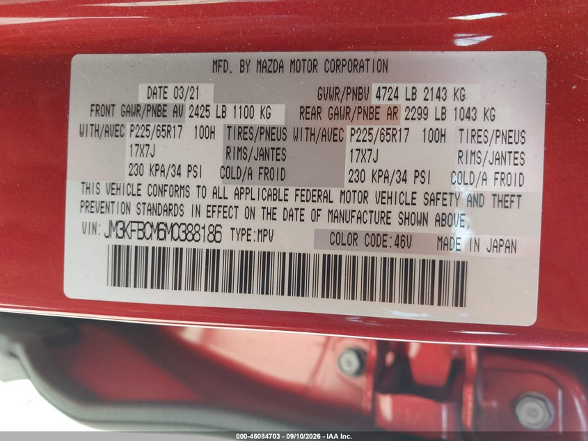 MAZDA CX-5 2021 VIN JM3KFBCM6M0388186