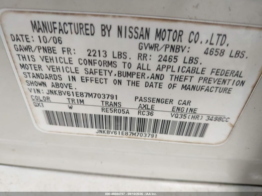 INFINITI G35 2007 VIN JNKBV61E87M703791