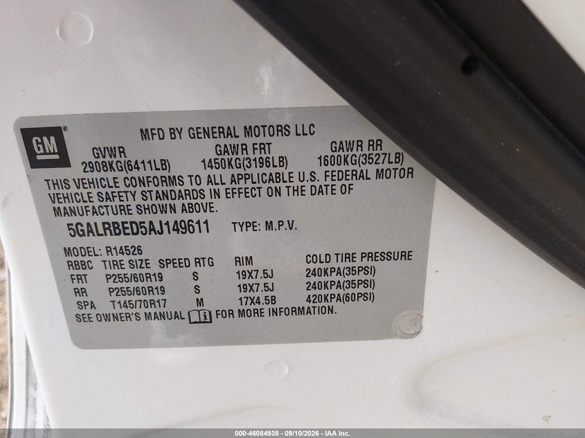 BUICK ENCLAVE 2010 VIN 5GALRBED5AJ149611