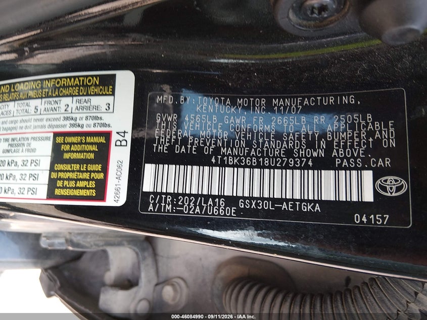 TOYOTA AVALON 2008 VIN 4T1BK36B18U279374