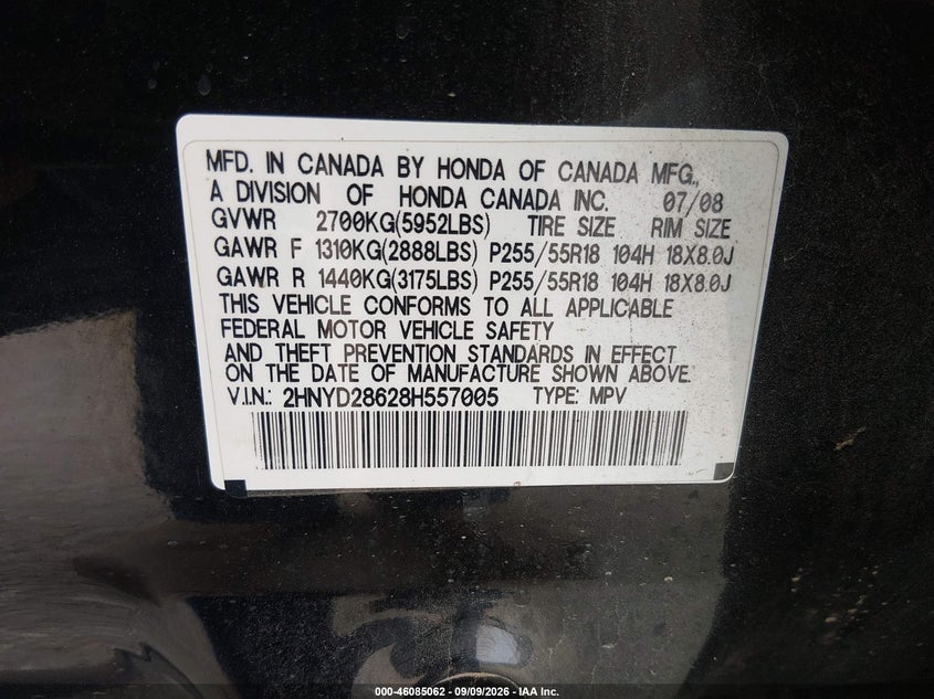 ACURA MDX 2008 VIN 2HNYD28628H557005