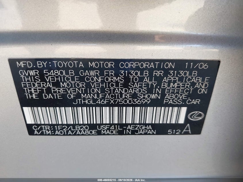 LEXUS LS 460 2007 VIN JTHGL46FX75003699