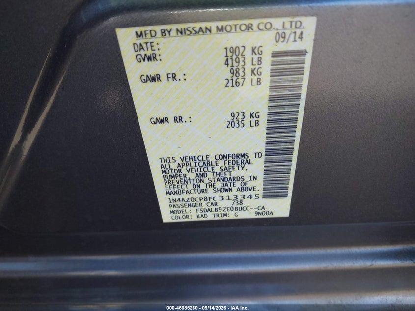 NISSAN LEAF 2015 VIN 1N4AZ0CP8FC313345
