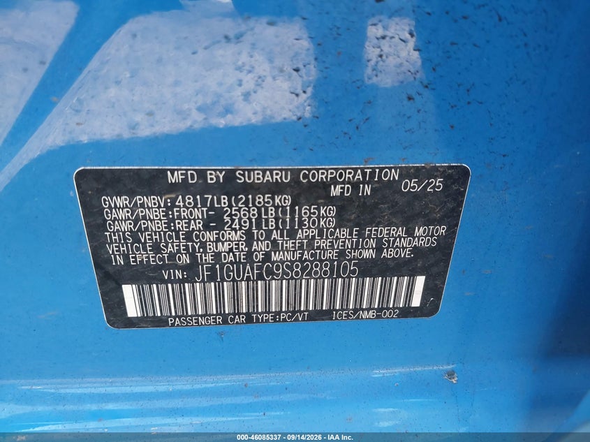 SUBARU IMPREZA 2025 VIN JF1GUAFC9S8288105