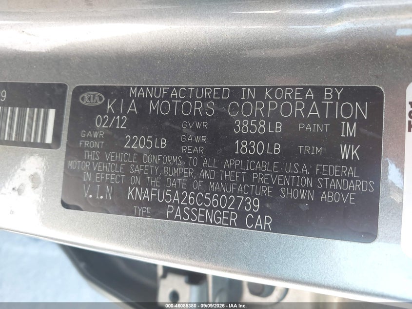 KIA FORTE 2012 VIN KNAFU5A26C5602739