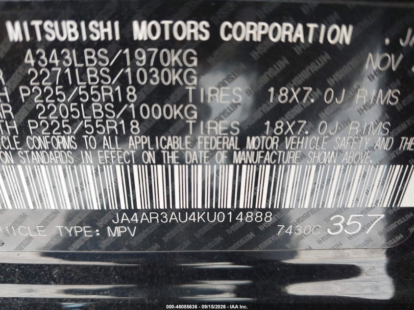 MITSUBISHI OUTLANDER SPORT 2019 VIN JA4AR3AU4KU014888