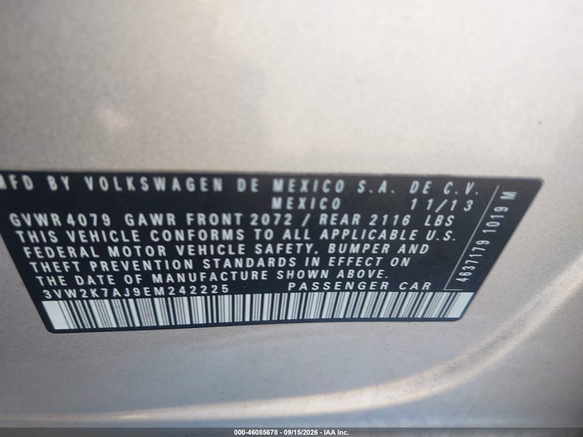 VOLKSWAGEN JETTA 2014 VIN 3VW2K7AJ9EM242225