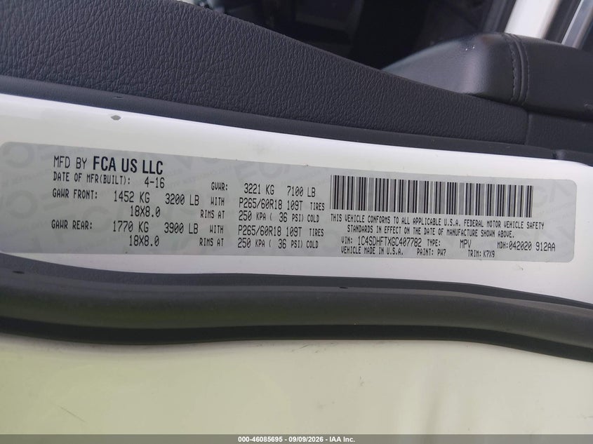 DODGE DURANGO 2016 VIN 1C4SDHFTXGC407782