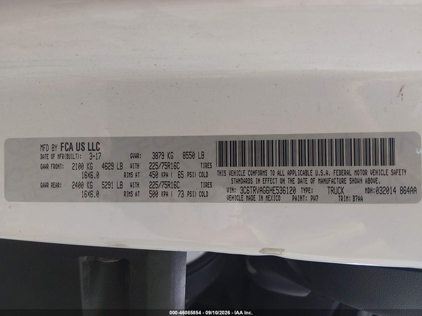 RAM PROMASTER 1500 2017 VIN 3C6TRVAG6HE536120