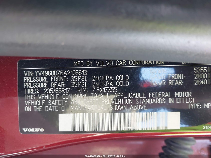 VOLVO XC60 2010 VIN YV4960DZ6A2105613