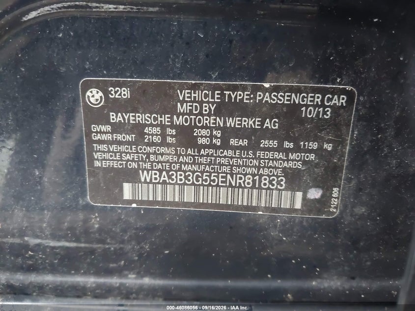 BMW 328I 2014 VIN WBA3B3G55ENR81833