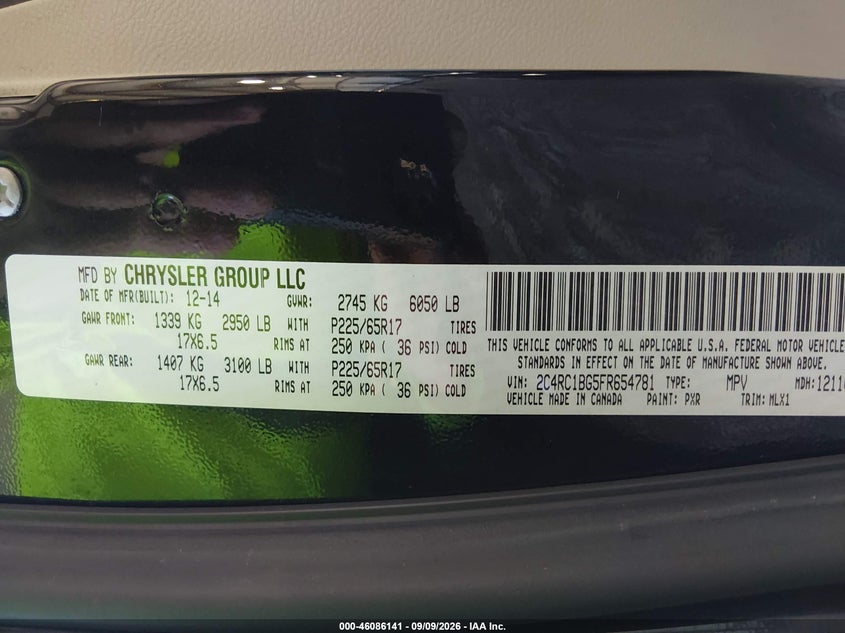 CHRYSLER TOWN & COUNTRY 2015 VIN 2C4RC1BG5FR654781