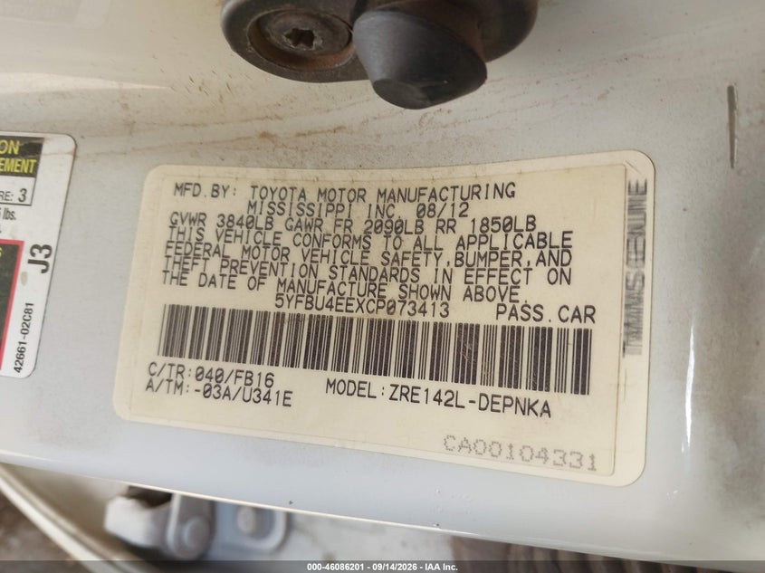 TOYOTA COROLLA 2012 VIN 5YFBU4EEXCP073413
