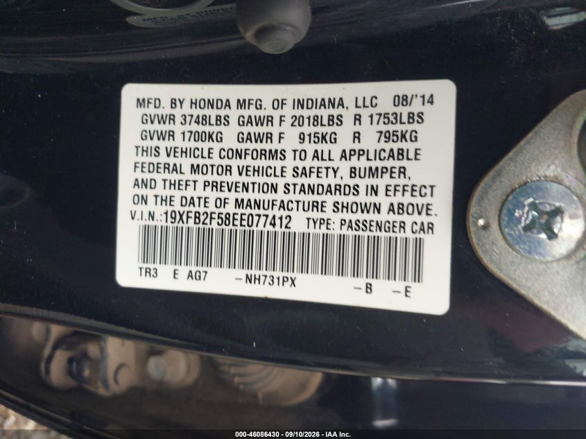HONDA CIVIC 2014 VIN 19XFB2F58EE077412