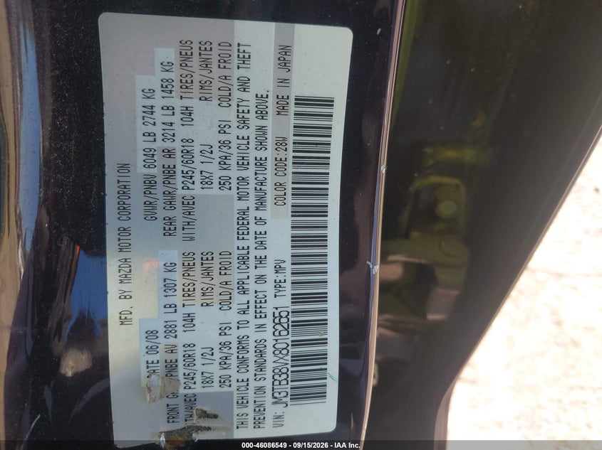 MAZDA CX-9 2008 VIN JM3TB38VX80162651