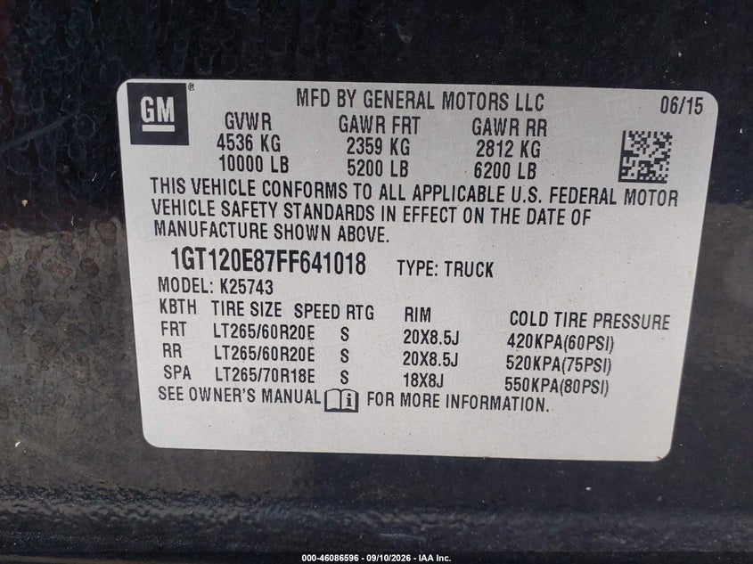GMC SIERRA 2500HD 2015 VIN 1GT120E87FF641018