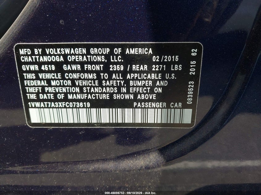 VOLKSWAGEN PASSAT 2015 VIN 1VWAT7A3XFC073619
