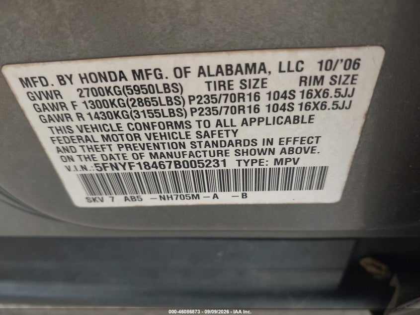 HONDA PILOT 2007 VIN 5FNYF18467B005231