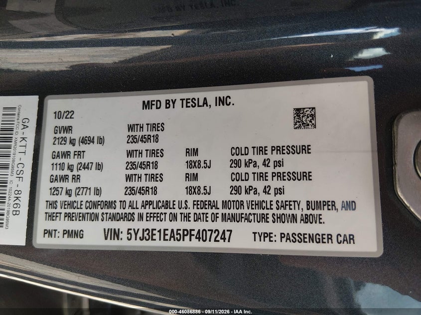 TESLA MODEL 3 2023 VIN 5YJ3E1EA5PF407247