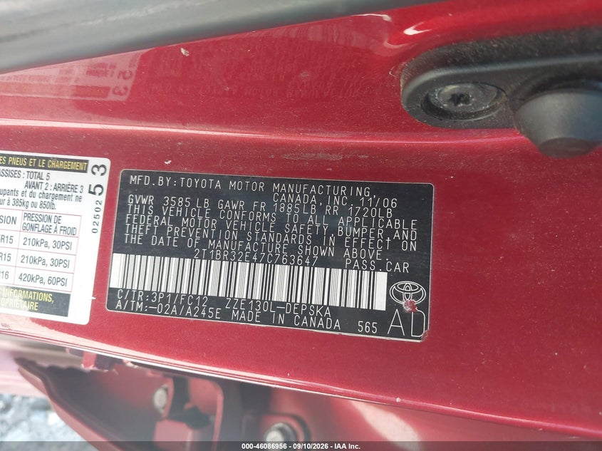 TOYOTA COROLLA 2007 VIN 2T1BR32E47C763647