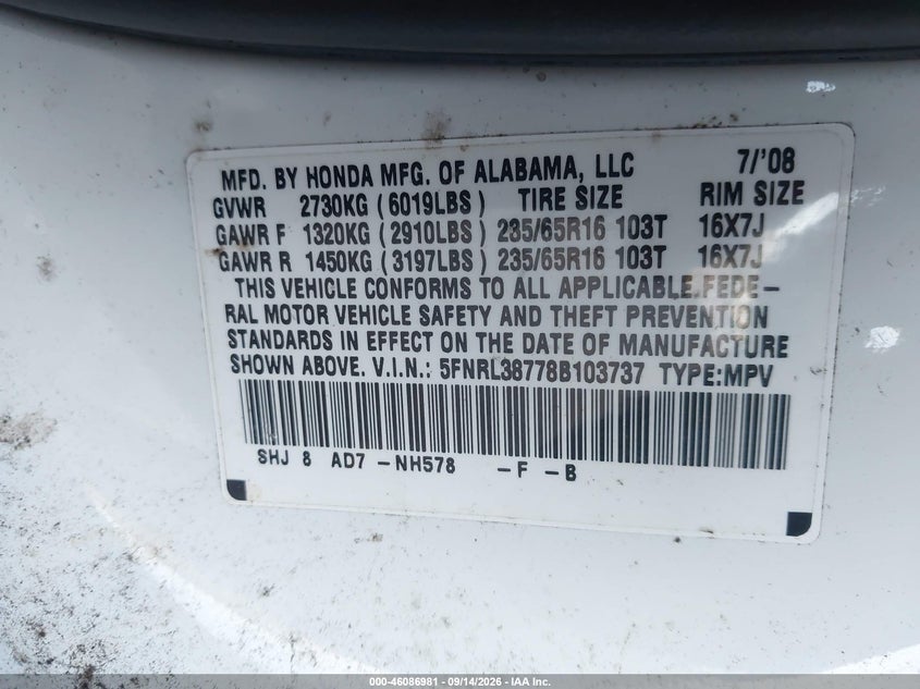 HONDA ODYSSEY 2008 VIN 5FNRL38778B103737