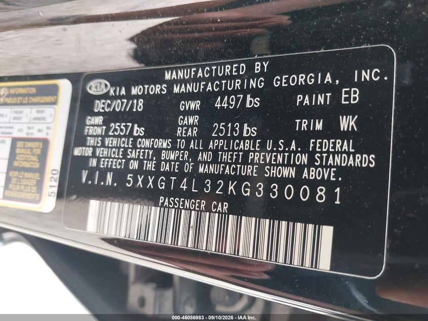 KIA OPTIMA 2019 VIN 5XXGT4L32KG330081