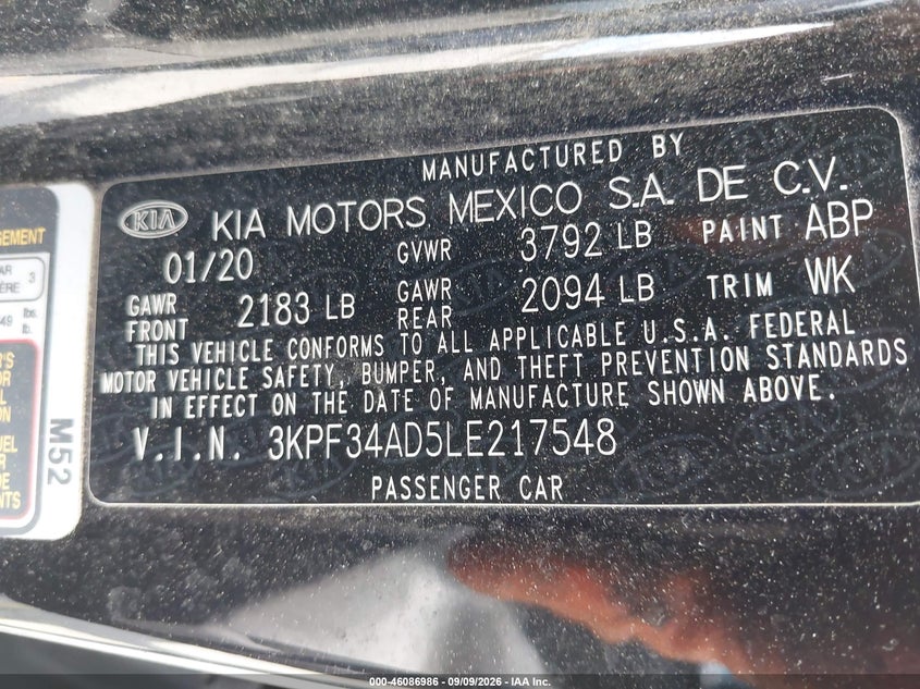 KIA FORTE 2020 VIN 3KPF34AD5LE217548