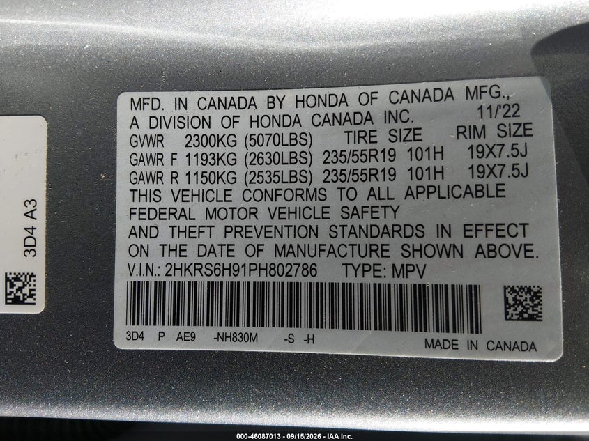 HONDA CR-V HYBRID 2023 VIN 2HKRS6H91PH802786