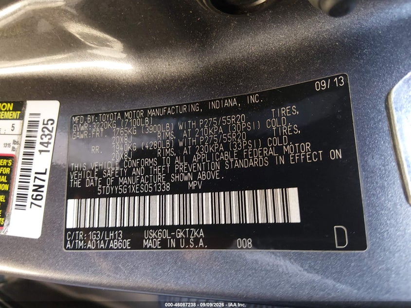 TOYOTA SEQUOIA 2014 VIN 5TDYY5G1XES051338
