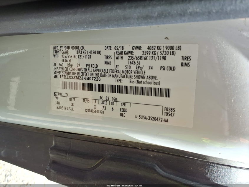 FORD TRANSIT-350 2018 VIN 1FBZX2ZM2JKB07226
