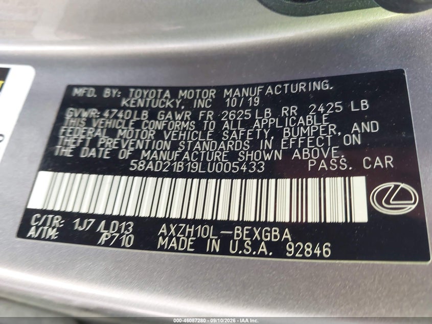 LEXUS ES 300H 2020 VIN 58AD21B19LU005433