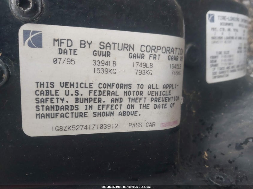 SATURN SL2 1996 VIN 1G8ZK5274TZ103912