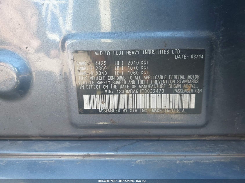 SUBARU LEGACY 2014 VIN 4S3BMBA61E3032473