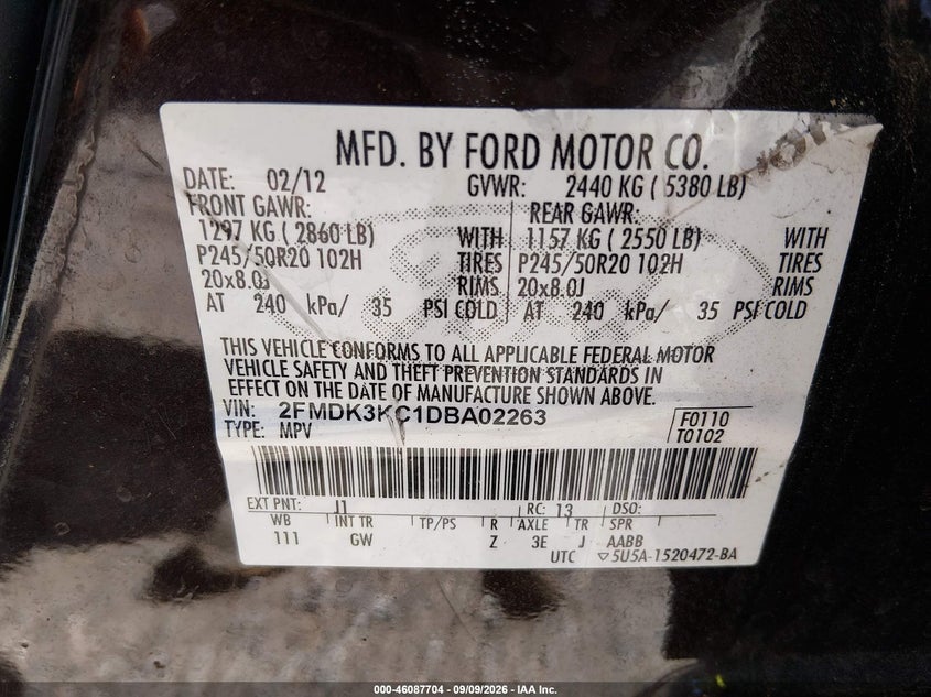 FORD EDGE 2013 VIN 2FMDK3KC1DBA02263