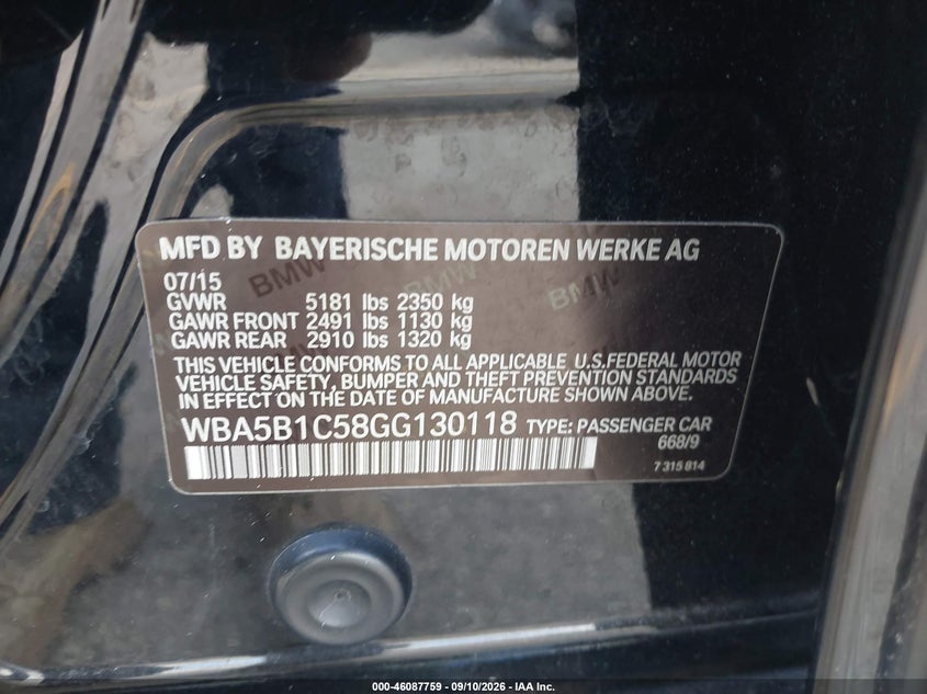 BMW 535I 2016 VIN WBA5B1C58GG130118