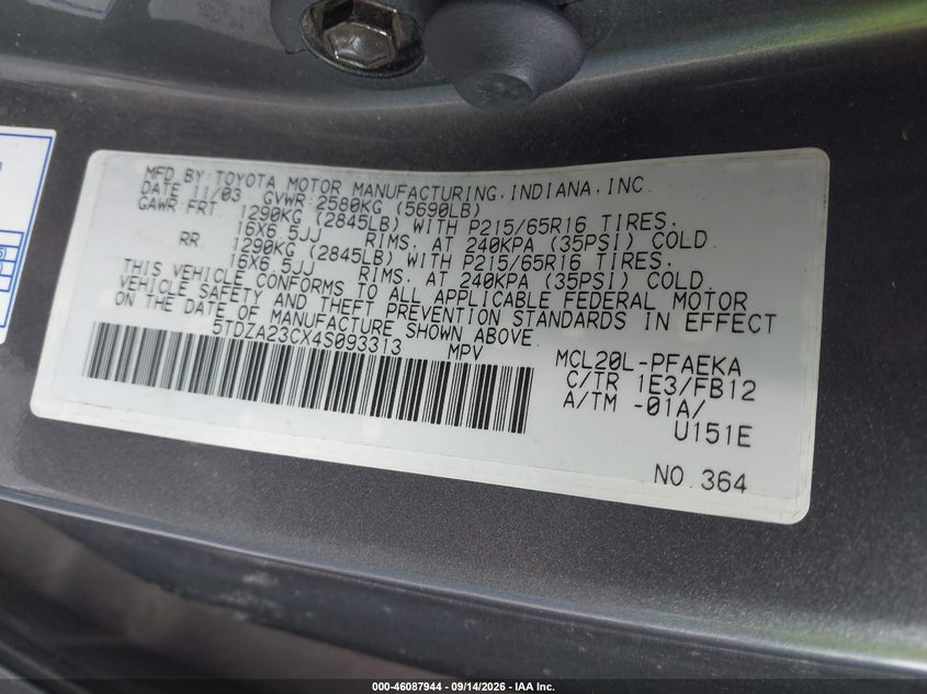 TOYOTA SIENNA 2004 VIN 5TDZA23CX4S093313