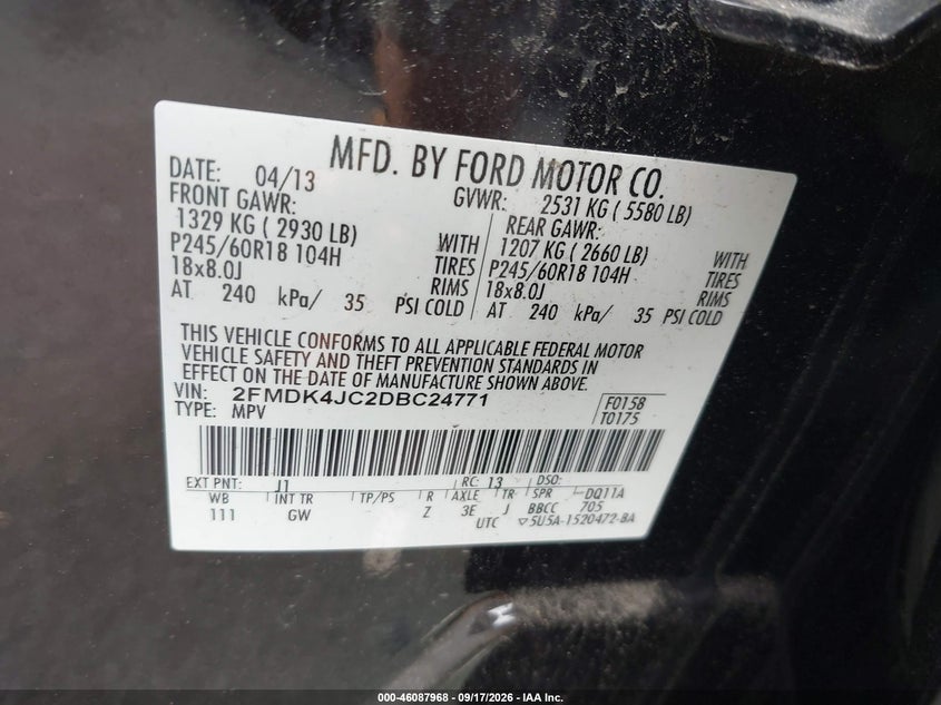 FORD EDGE 2013 VIN 2FMDK4JC2DBC24771