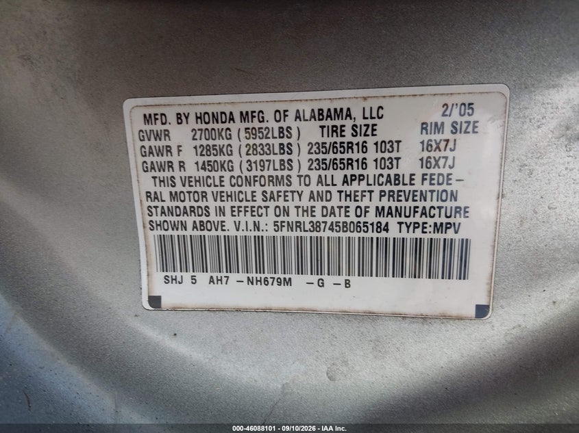 HONDA ODYSSEY 2005 VIN 5FNRL38745B065184