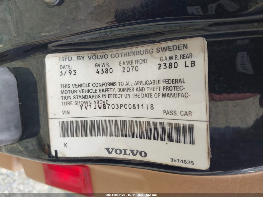 VOLVO 940 1993 VIN YV1JW8703P0081118