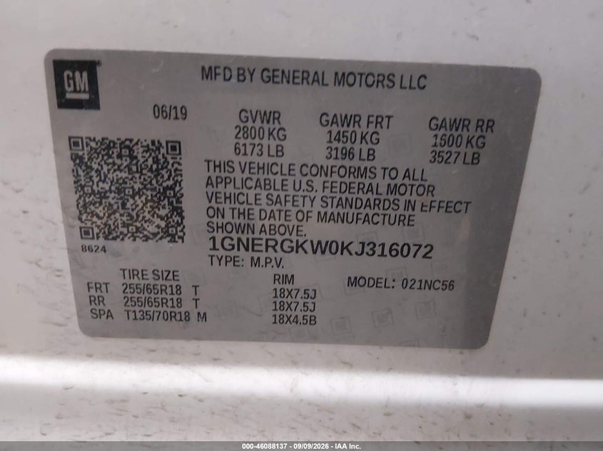CHEVROLET TRAVERSE 2019 VIN 1GNERGKW0KJ316072
