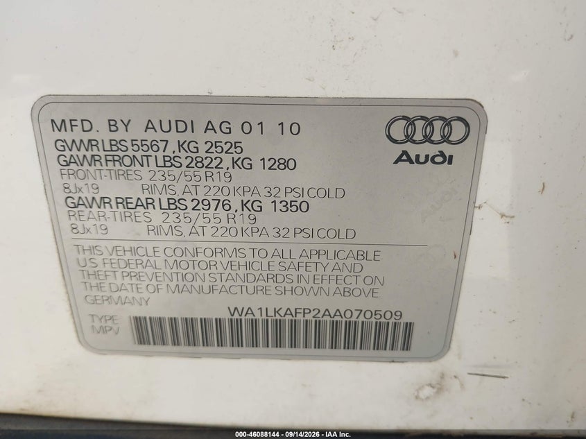AUDI Q5 2010 VIN WA1LKAFP2AA070509