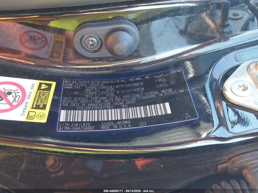 TOYOTA HIGHLANDER 2019 VIN 5TDJZRFH2KS617881