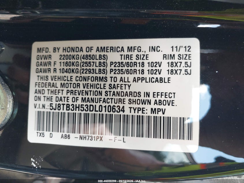 ACURA RDX 2013 VIN 5J8TB3H53DL010634